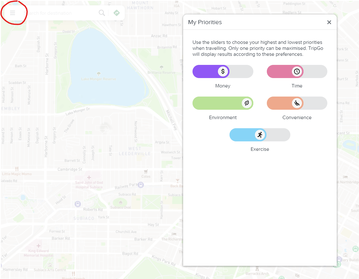 Image of user preferences in webapp.